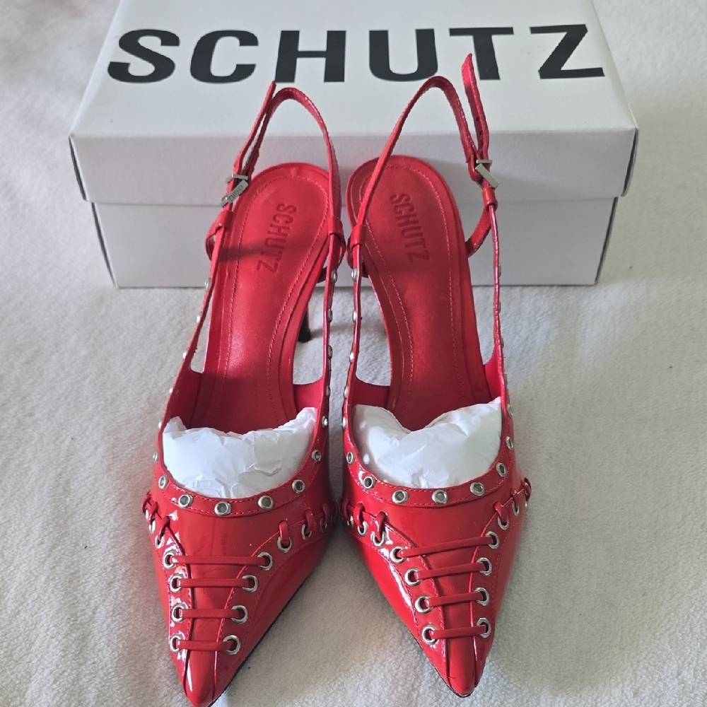 SCHUTZ Red Lace-Up Slingback Heels